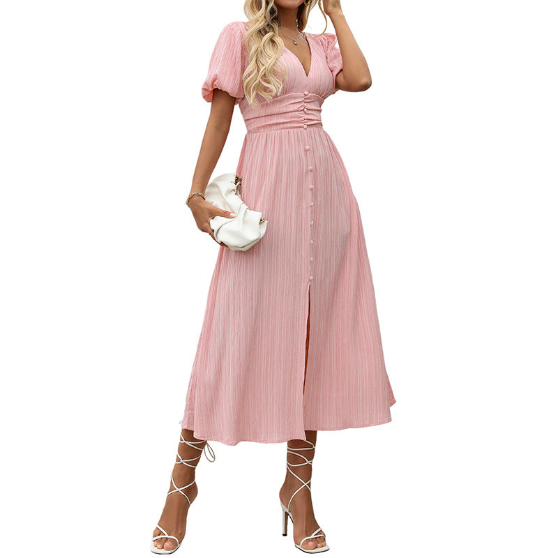 Damen Maxikleid V-Ausschnitt Knöpfe Norvielle