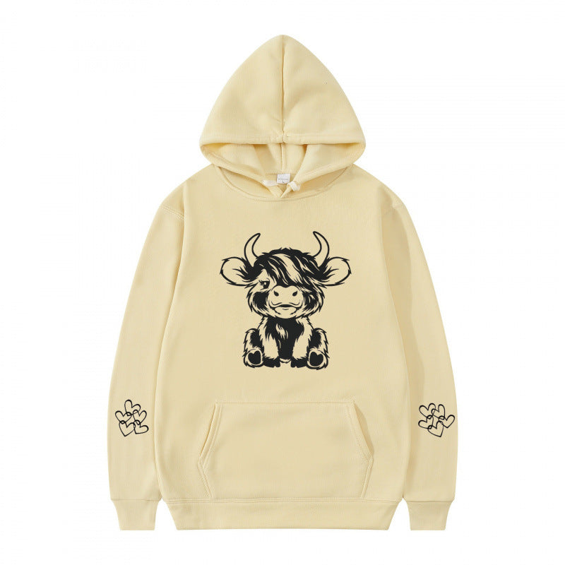 Damen Kapuzensweater Kuhmotiv Baumwolle Kängurutaschen Beige