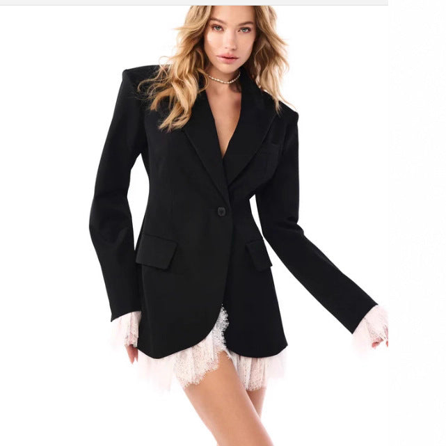 Damen Oversized Blazer Spitzendetails Beige