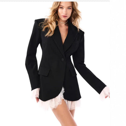 Damen Oversized Blazer Spitzendetails Beige