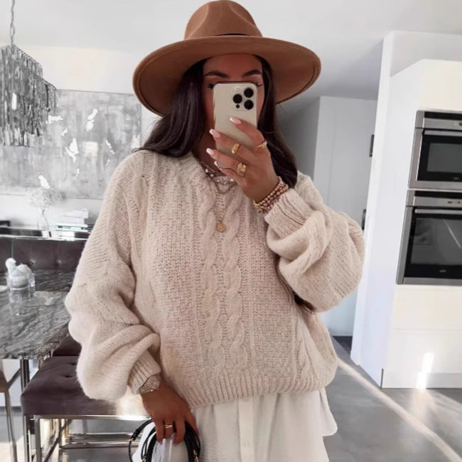Damen Pullover Grobstrick Voluminöse Ärmel Zopfmuster Beige - Norvielle