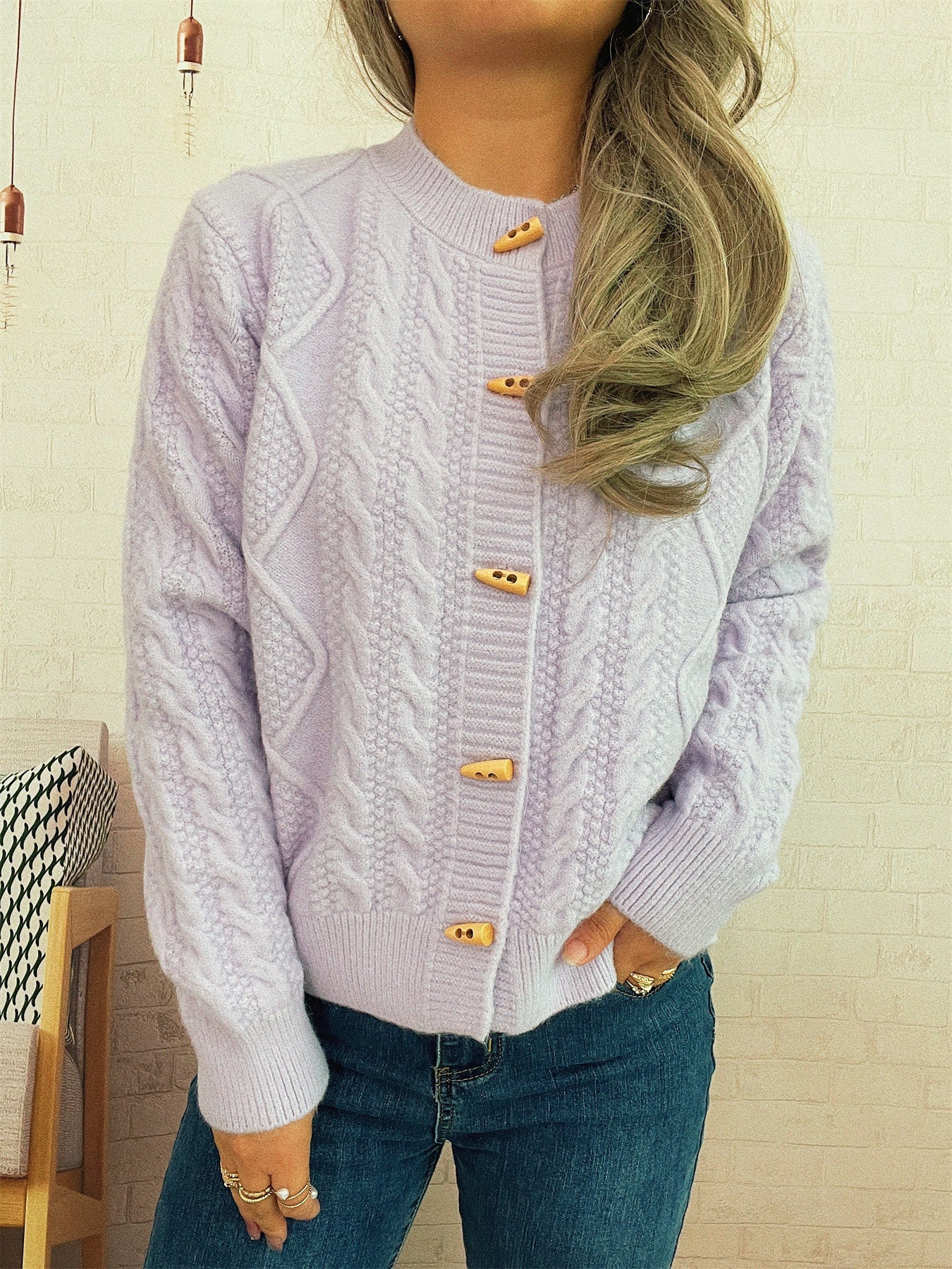 Damen Strickcardigan Weich Nautisches Zopfmuster Holzknöpfe Beige
