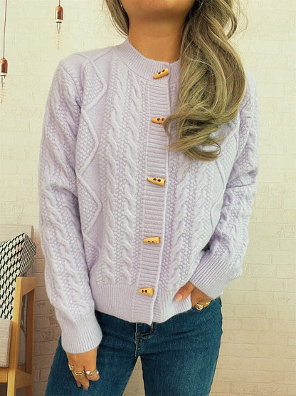 Damen Strickcardigan Weich Nautisches Zopfmuster Holzknöpfe Beige