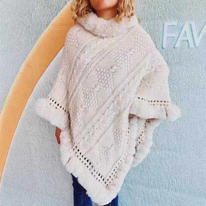 Damen Strickponcho Weiches Fell Norvielle Zopfmuster Beige - Norvielle