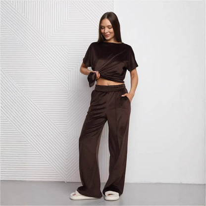 Damen Loungewear-Set Satin Lässiger Schnitt Weite Hose