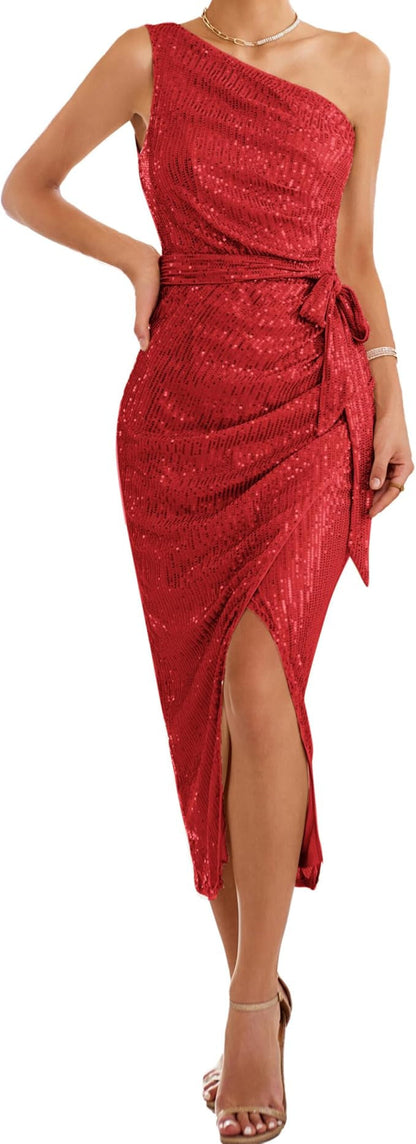 Damen Abendkleid Asymmetrisch Pailletten Hocher Schlitz