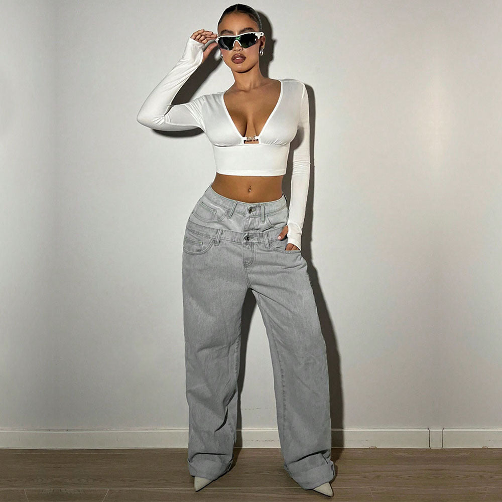 Damen Langarmtop V-Ausschnitt Cropped Baumwolle