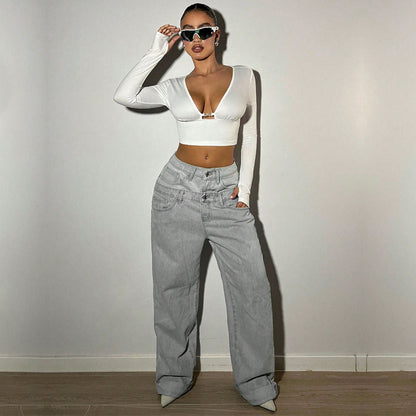 Damen Langarmtop V-Ausschnitt Cropped Baumwolle