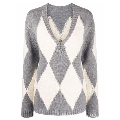 Damen Strickpullover V-Ausschnitt Zickzackmuster Norvielle