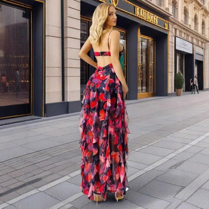 Damen Maxikleid Flora Rüschen Tiefes Dekolleté