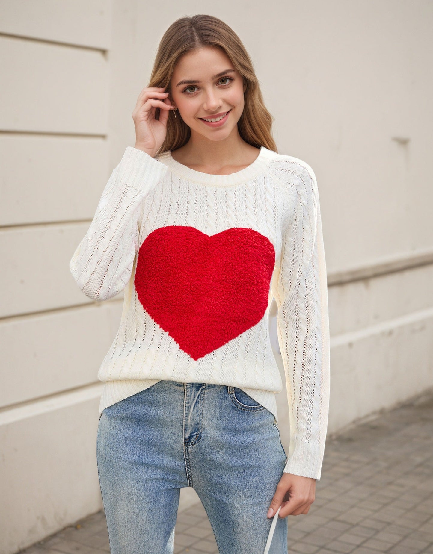 Damen Strickpullover Herz-Applikation Luftige Maschenstruktur