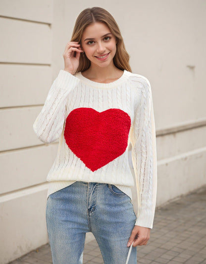 Damen Strickpullover Herz-Applikation Luftige Maschenstruktur