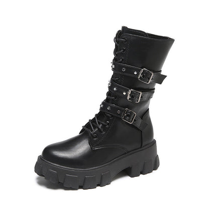 Damen High- Schnürstiefel Verstellbarer Riemen Griffige Sohle