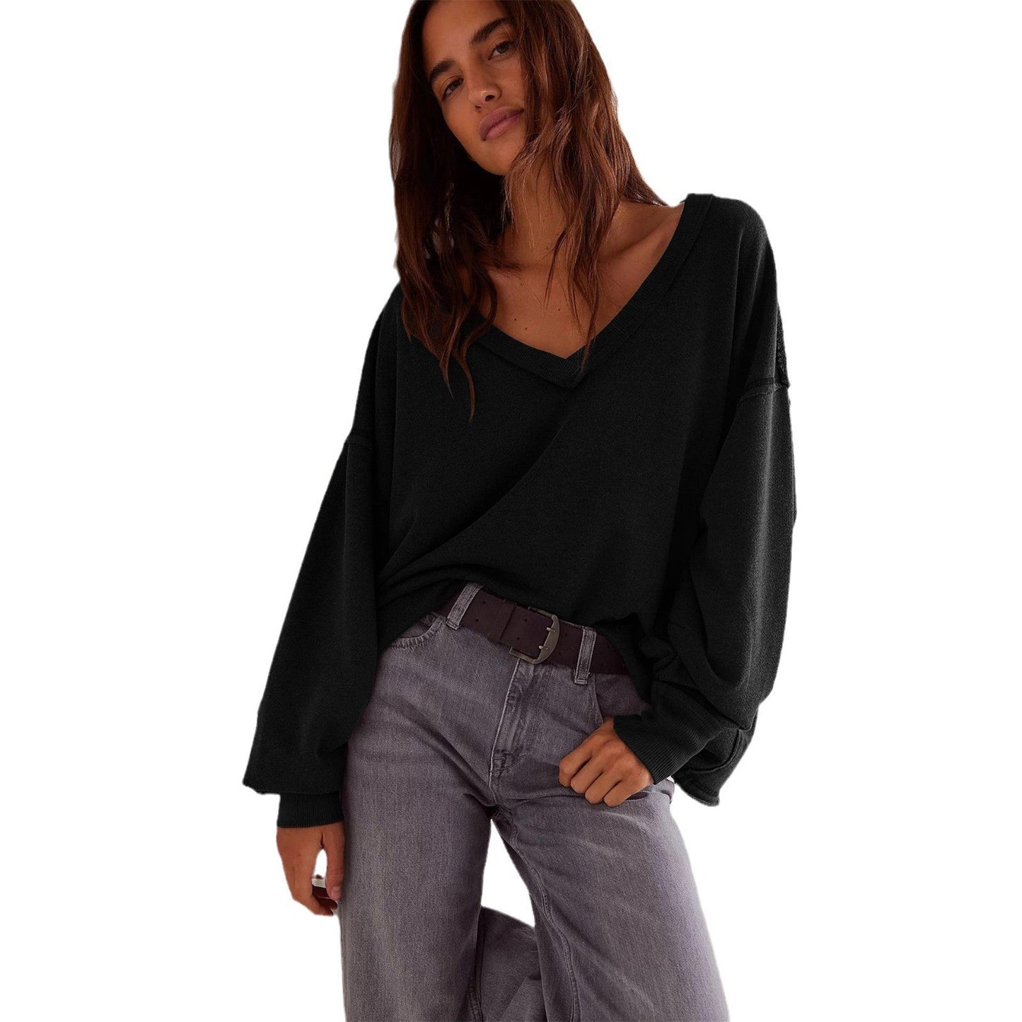 Damen Oversized Sweatshirt V-Ausschnitt Lässiger Schnitt Beige