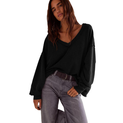 Damen Oversized Sweatshirt V-Ausschnitt Lässiger Schnitt Beige