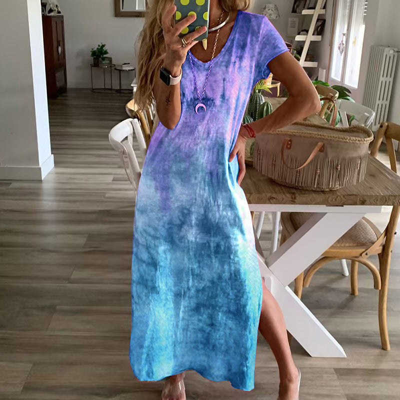Damen Maxikleid Langarm V-Ausschnitt Tie-Dye Muster