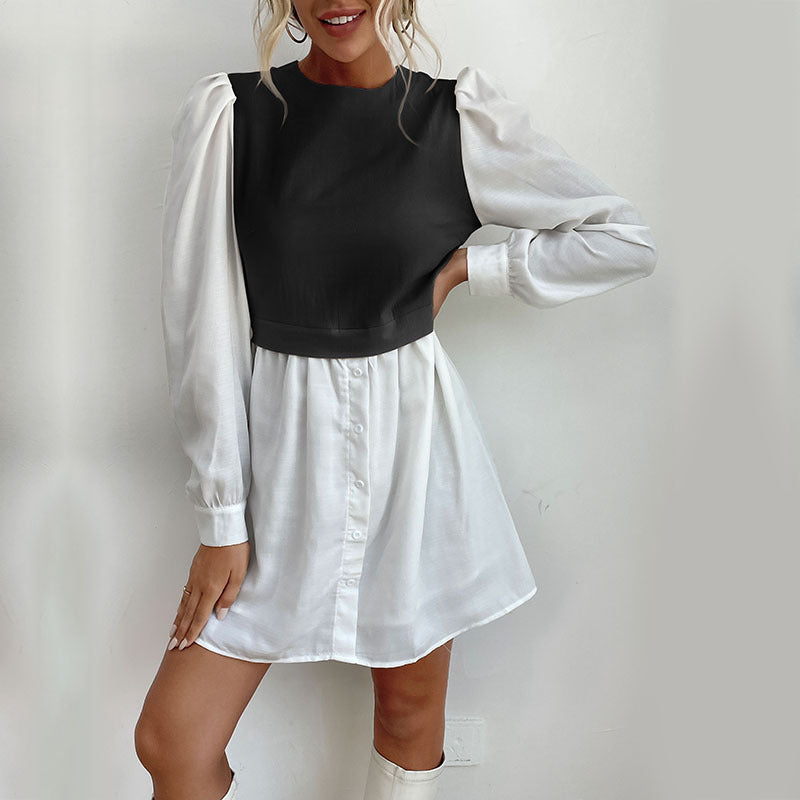 Damen Blusenkleid mit Kontrastärmeln Blusenstil