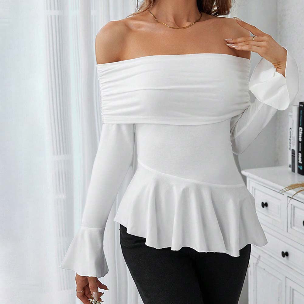 Damen Oberteil Off-Shoulder mit Volant und langen Ärmeln - Norvielle