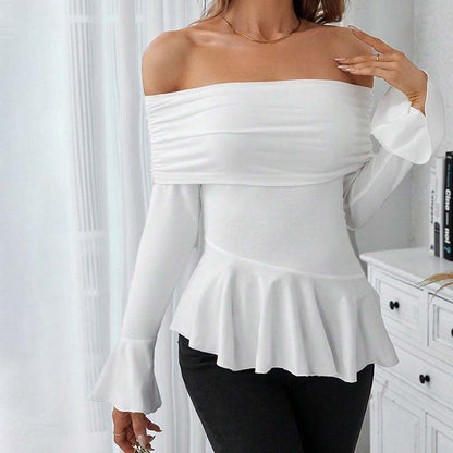 Damen Oberteil Off-Shoulder mit Volant und langen Ärmeln - Norvielle