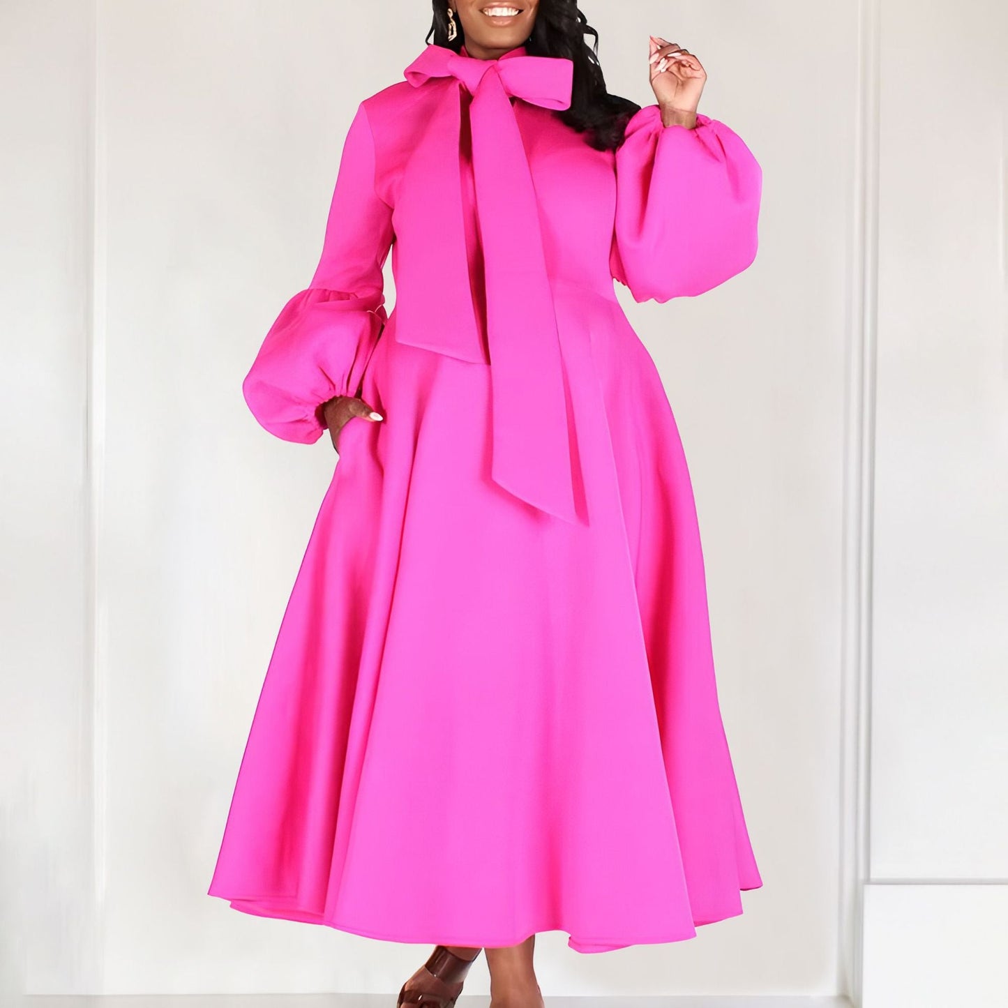Damen Midi-Kleid Längere Puffärmel Elegante Schleife
