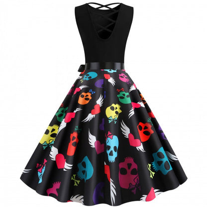 Damen Swingkleid Totenkopf-Design Bindegürtel Bunt