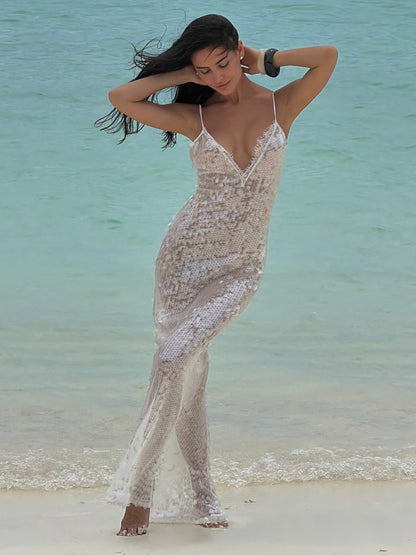 Damen Strandkleid Glitzernd V-Ausschnitt Spaghettiträger Norvielle