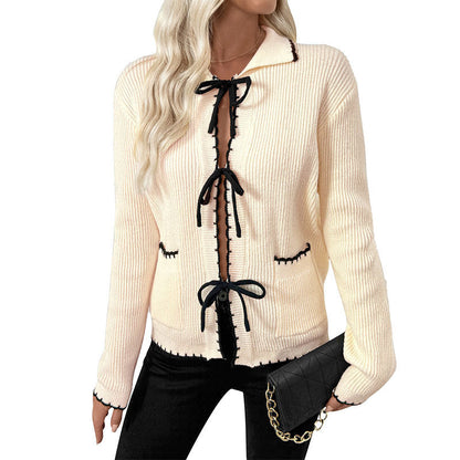 Damen Strickjacke Elegantes Design Dekoratives Bindeband Beige