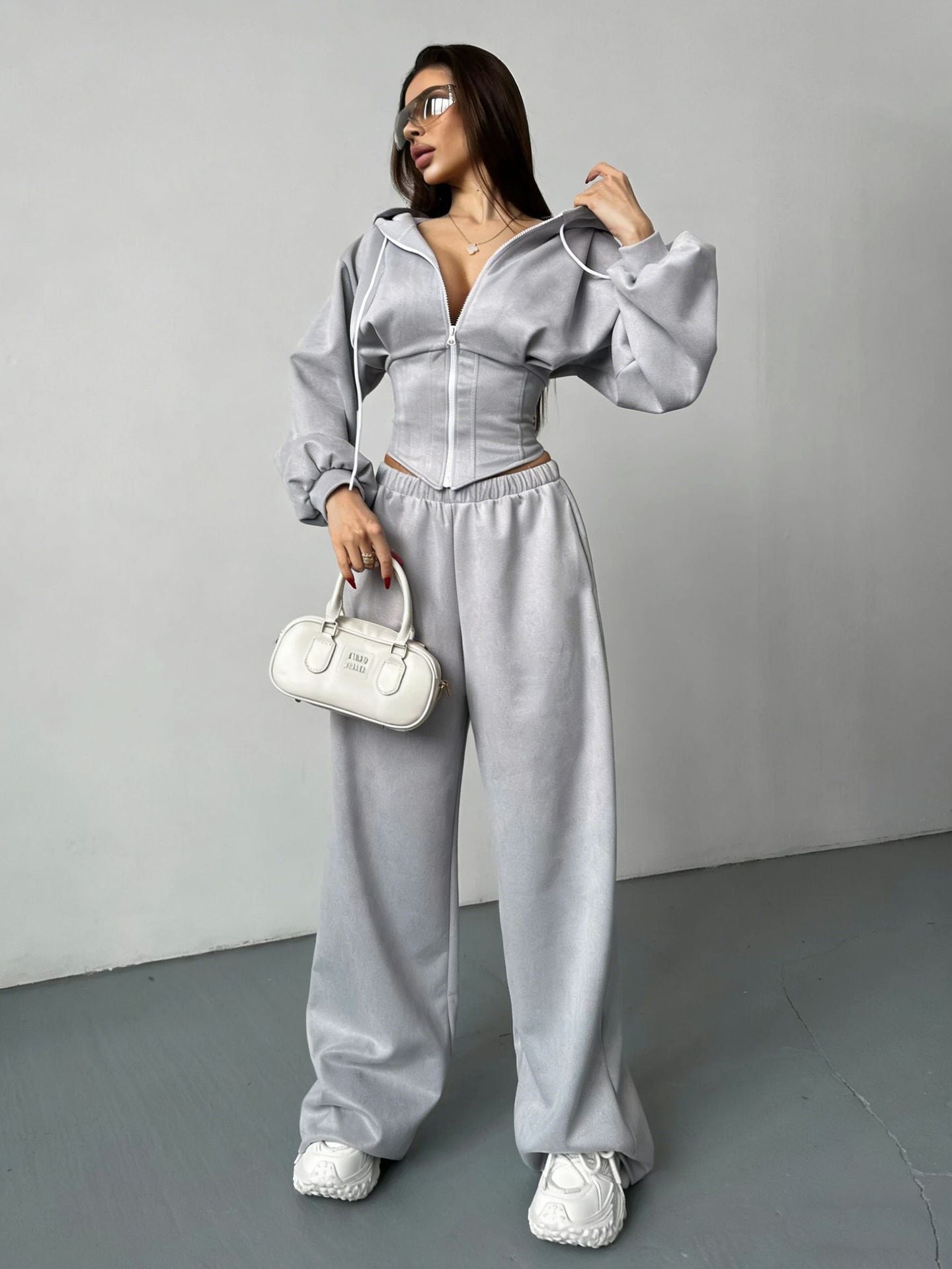 Damen Sportset Cropped Kapuzenjacke und Jogginghosen Elastisch