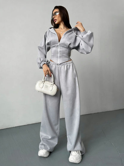 Damen Sportset Cropped Kapuzenjacke und Jogginghosen Elastisch