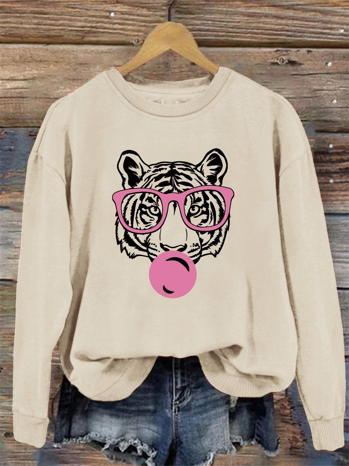 Damen Sweatshirt Tiger-Design Lässig Grau