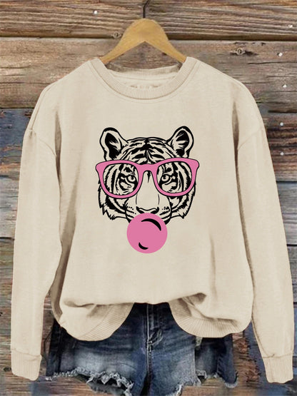 Damen Sweatshirt Tiger-Design Lässig Grau