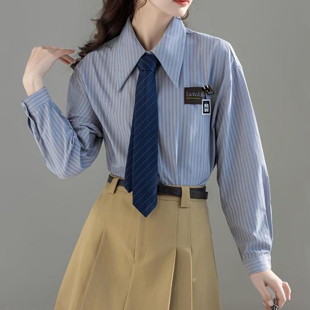 Damen Klassische Bluse Gestreift Moderner Kragen Weiß