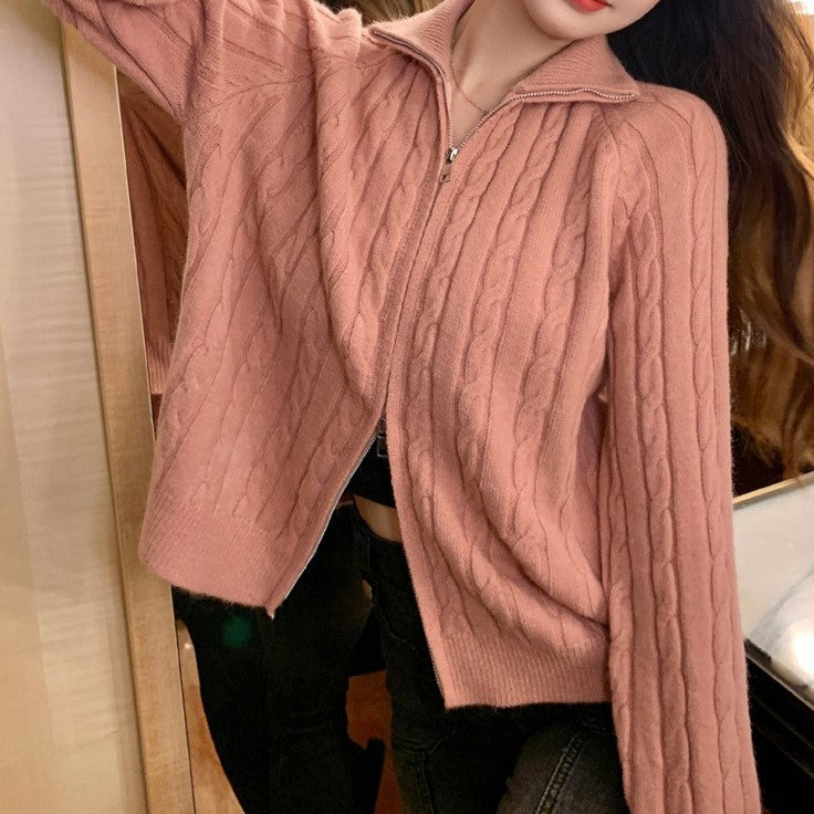 Damen Strickjacke Zopfmuster Hochkragen Norvielle