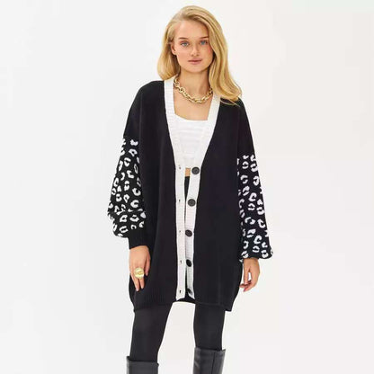 Damen Grobstrickjacke Kontrastärmel Knopf Norvielle