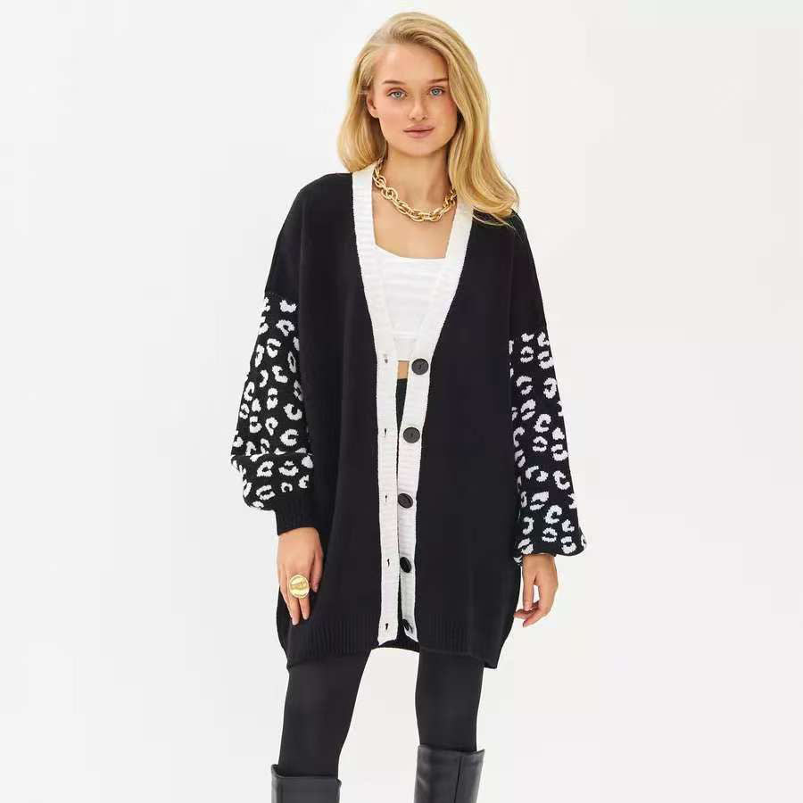 Damen Cardigan Extralang Tiermuster Knöpfe Beige