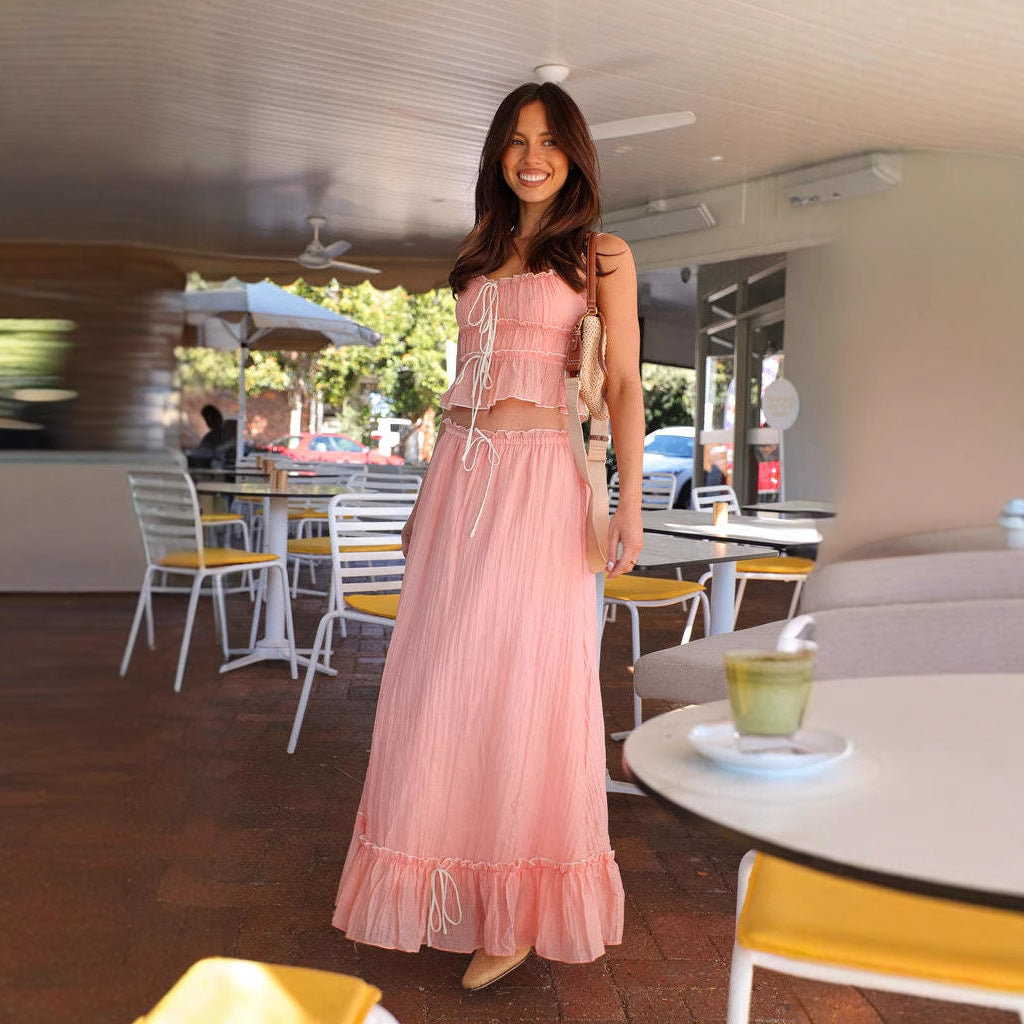 Damen Maxikleid Luftig Rüschendetails Verstellbarer Ausschnitt