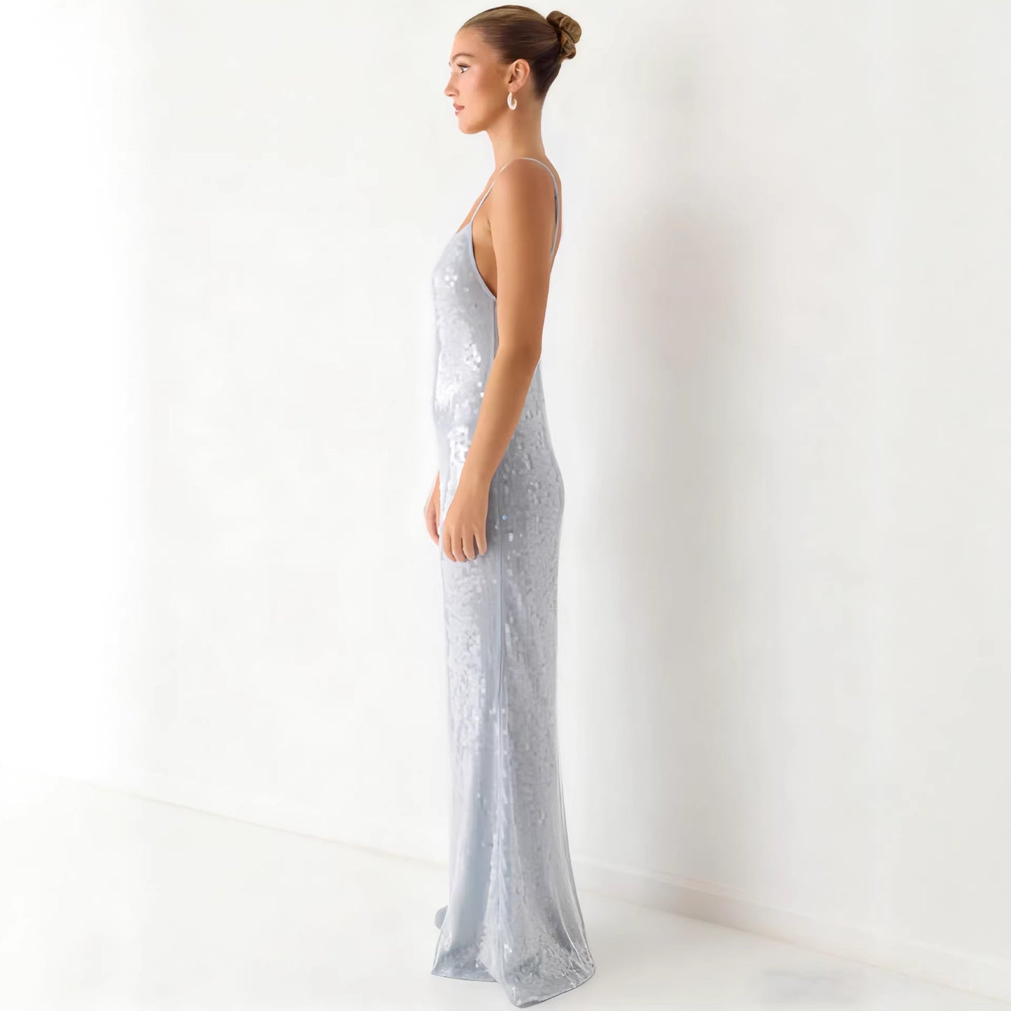 Damen Maxikleid Pailletten schmal Schnitt Spaghettiträger