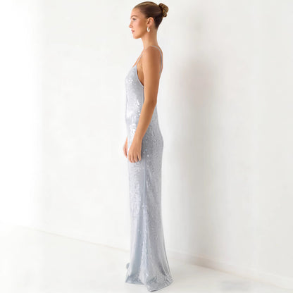 Damen Maxikleid Pailletten schmal Schnitt Spaghettiträger