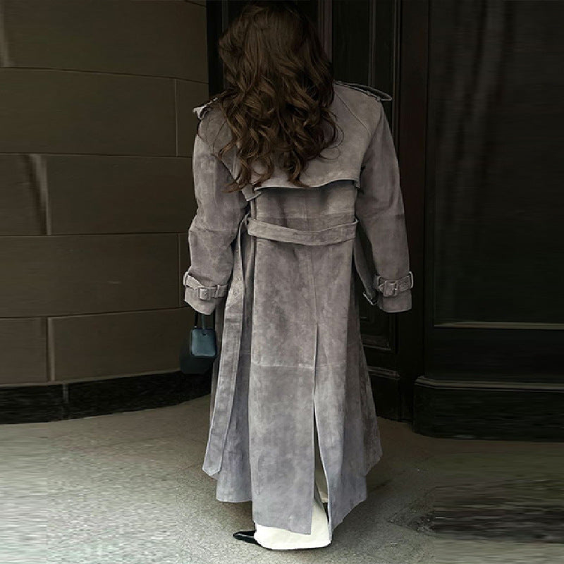 Damen Suede-Trenchcoat Lang Norvielle Beige
