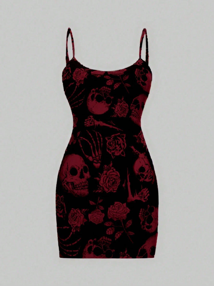 Damen Minikleid Totenkopf Rosenmotiv
