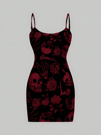 Damen Minikleid Totenkopf Rosenmotiv
