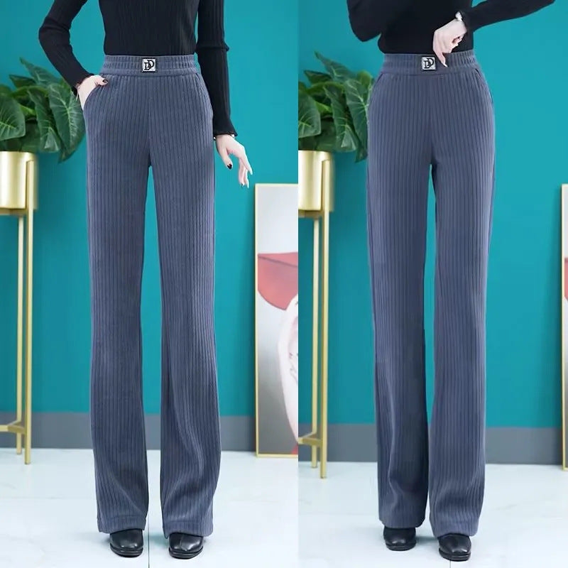 Damen Hochtaillierte Schlaghose Rippendesign Elastisch Schwarz - Norvielle