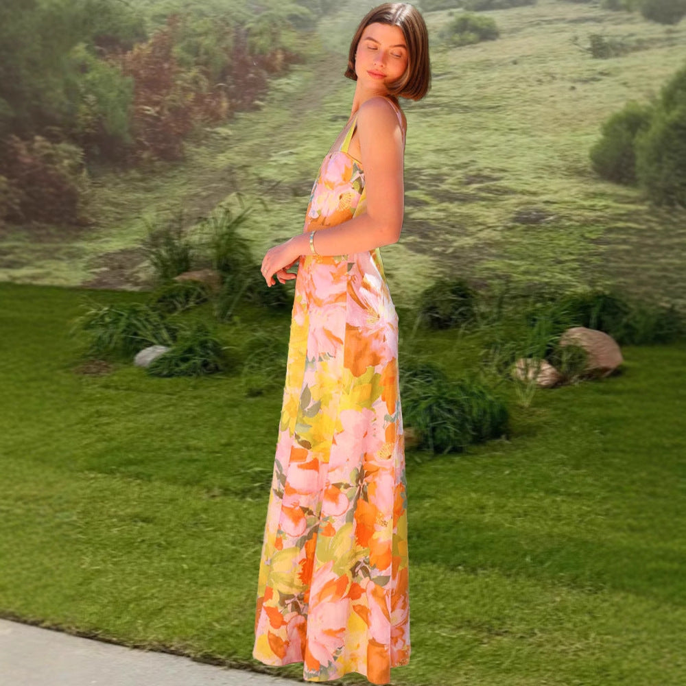 Damen Maxikleid Tailliert Spaghettiträger Floral Norvielle
