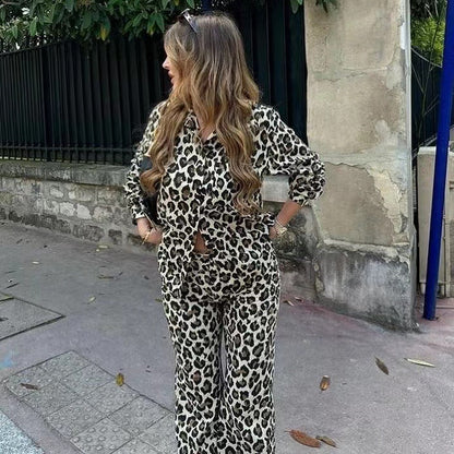 Damen Leinenhose Leopardenmuster Weite Bein