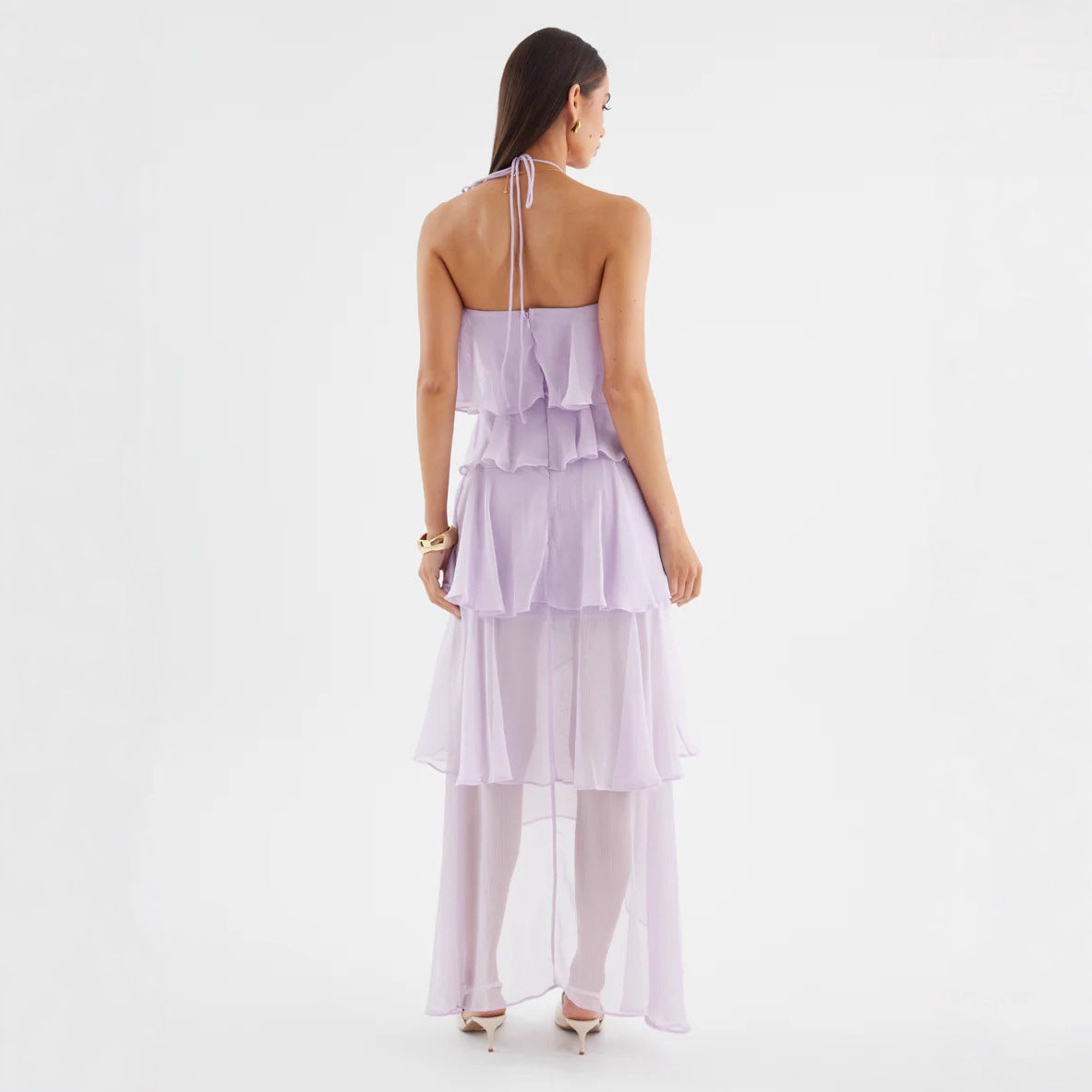 Damen Maxikleid Fließend Volants Halterneck