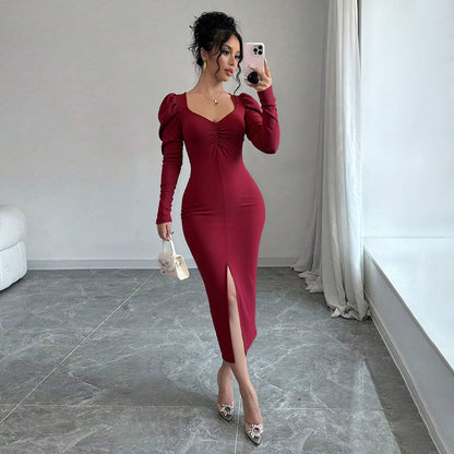 Damen Midi-Kleid Puffärmel Raffiierter Schlitz Norvielle - Norvielle