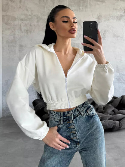 Damen Cropped Kapuzenjacke Elastischer Bund Lässiger Schnitt