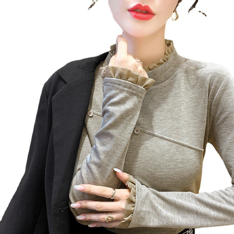 Damen Longsleeve-Shirt Dekorativ Knöpfe Raffungen Norvielle