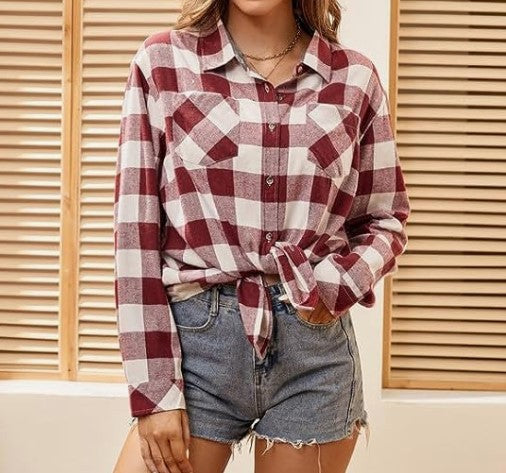 Damen Flanellbluse Kariert Mit Knotendetail