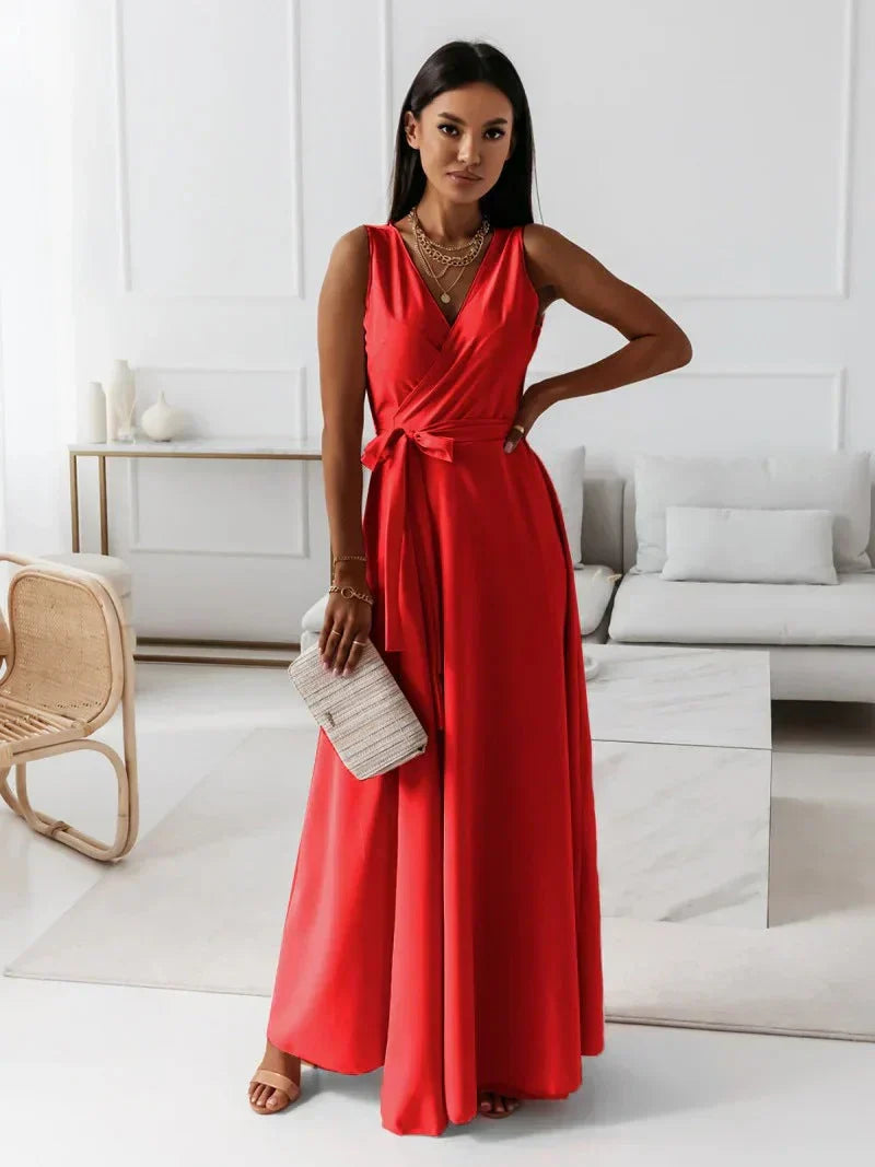 Damen Langkleid V-Ausschnitt Einfarbig